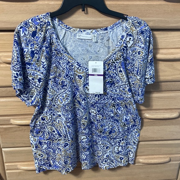 Rafaella Tops - Rafaella Women's Blue and Gold Paisley V-neck Knit Top Blouse short sleeve